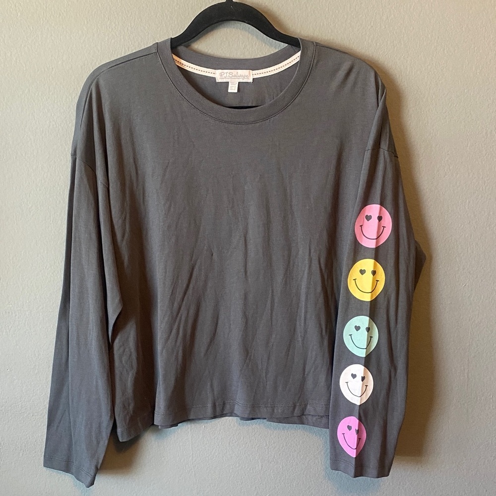 NWT Grey Long Sleeve Tee with Colorful Smiley Sleeve Cotton/Modal